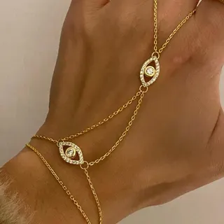 Water Drop Zircon Paved Finger Chain Ring Set - 18K Gold Plated Copper, Double Band with 5 Teardrop Charms, Bridal Party Hand Jewelry for Women