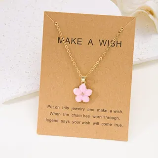 Cherry Blossom Flower Pendant Necklace, Pink Enamel Sakura Charm, Gold Plated Alloy Clavicle Chain, Sweet Delicate Necklace for Women Girls, Make a Wish Gift Card Packaging