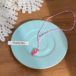 Dopamine Pink Beaded Necklace with Cute Fish Charm, Resin + Rice Beads Handmade Chain, 42cm Sweet Girl Summer Jewelry