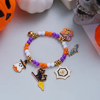 Halloween Beaded Bracelet with Pumpkin, Black Cat, Ghost, Bat & Spider Web Charms - Alloy Enamel Party Jewelry, Orange Purple White, 16cm, Funny Costume Accessory for Women Girls