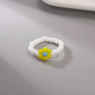 Blue & Clear Seed Bead Flower Ring, Handmade Multi-Color Petal Beaded Ring with Elastic Cord, 17mm Delicate Boho Jewelry for Women