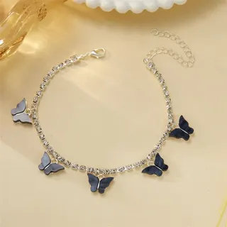 Boho Butterfly Anklet for Women, Beach Vacation Charm Bracelet, Rhinestone Crystal Chain with Pink-Red Gradient Butterfly Dangles, Adjustable Extender Clasp, Alloy Jewelry