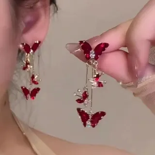 Butterfly Zircon Earrings - Luxury Dangle Drop Earrings for Women, Red Crystal Butterfly Tassel Hoop Earrings, Alloy 18K Gold Plated, Approx 6cm, Pair