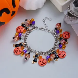 Halloween Pumpkin Cat Crystal Bracelet - White Gold Alloy with Faceted Crystal Beads, Jack-O-Lantern Black Cat Spider Charms, Adjustable 16+5cm, Festive Party Gift Jewelry