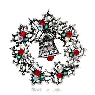 Vintage Christmas Bell Wreath Brooch, Antique Silver Alloy with Red Green Rhinestones, Hollow Bell Design Holiday Jewelry Pin, 4.1cm Christmas Tree Ornament