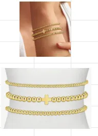 Cross Beaded Bracelet Set of 3, Gold Plated Copper Charm Stackable Bracelets for Women, Religious Minimalist Jewelry Gift