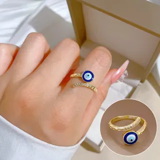 Blue Evil Eye Zircon Open Adjustable Ring, Brass 18K Gold Plated, Stackable Statement Finger Ring for Women