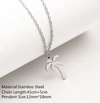 Palm Tree Necklace Stainless Steel, Men Women Vacation Pendant Chain, 45cm+5cm Adjustable, Hypoallergenic Tarnish-Free, Minimalist Beach Jewelry Gift