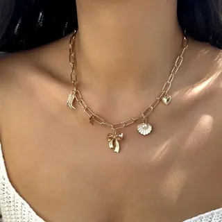French Vintage Multi-Charm Necklace for Women - Bow, Pearl Shell, Heart & Butterfly Gold-Plated Alloy Chain, Adjustable 40+8cm, Elegant Layered Look