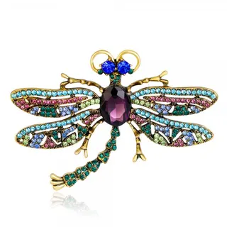 Vintage Dragonfly Brooch for Women, Rhinestone Insect Pin, Antique Gold Alloy with Multi-Color Crystal, Hollow Wings Design, Suit Coat Hat Accessory, 6.9x4.7cm