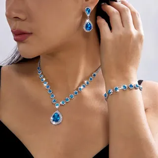 Luxury Blue Sapphire Teardrop Jewelry Set - White Gold Rhinestone Necklace Bracelet Earrings 3-Piece Set for Women, Wedding Party Elegant Gift