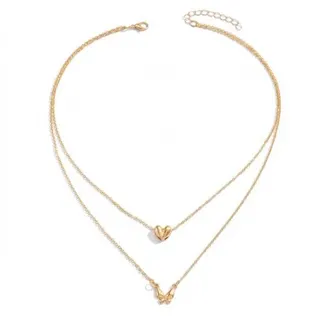 Double Layer Butterfly Heart Necklace for Women, Gold Plated Alloy 18K Lock Chain, Adjustable 40+5cm Delicate Layered Pendant Jewelry Gift