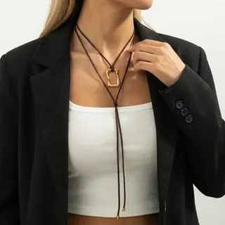 Minimalist Stainless Steel Double Ring Pendant Lariat Necklace, 18K Gold Plated Cord Adjustable Long Chain, 70cm Brown