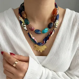 Boho Scarf Woven Acrylic Bead Necklace with 18K Gold Plated Stainless Steel Flower Pendant, 2-Piece Set, Long Statement Necklace