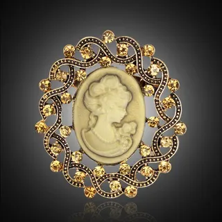 Vintage Cameo Brooch for Women, Antique Gold Alloy with Champagne Rhinestone, Classic Lady Profile Relief, French Baroque Openwork Pin, 5.2x4.7cm