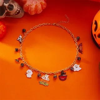 Halloween Cartoon Charm Necklace - Gold Plated Alloy with Pumpkin Spider Bat Enamel Charms, Funny Party Cosplay Jewelry 37+5cm
