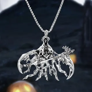 Halloween Reaper Scythe Necklace, Gothic Skull Pendant, Antique Silver Alloy Hollow Carved, Dark Punk Statement Long Chain 60+5cm, Cosplay Party Jewelry