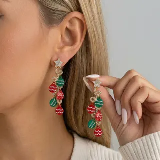 Christmas Star Drop Earrings - Rhinestone Alloy 18K Gold Plated, Red Green Bauble Dangle Earrings for Holiday Party, 6.5cm Pair