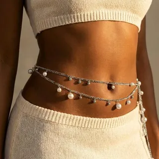 Double Layer Pearl Tassel Waist Chain, Silver Alloy with Imitation Pearls, 83cm Adjustable Body Belt for Women, Vacation Party Accessory