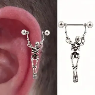 Halloween Street Punk Barbell Skeleton Human Bone Earrings, Silver Alloy Mirror Polished, Dark Gothic Statement Long Dangle Earrings 4x1.4cm
