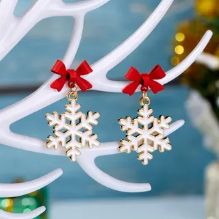 Christmas Earrings Women Red Bow Drip Enamel Hollow Snowflake Dangle Earrings 18K Gold Plated Alloy Holiday Party Gift Jewelry
