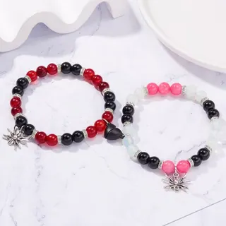 Halloween Spider Charm Bracelet for Women, Gothic Red & Black Beaded Bracelet with Rhinestone Spacers, Magnetic Clasp Adjustable 18cm, Couple Gift Set