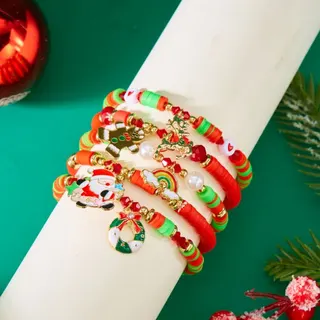 Christmas Bracelet Set for Women 6pcs - Merry Christmas Letter Beads Soft Clay Charm Bracelets, Red Green White Holiday Stackable Elastic 18cm, Festive Gift
