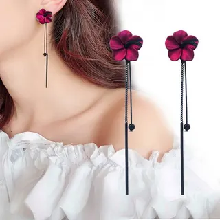 Wine Red Flower Long Tassel Drop Earrings, Alloy Enamel Petal Dangle Earrings with Black Chain Bead, Vintage Elegant Statement Earrings for Women (Pair)