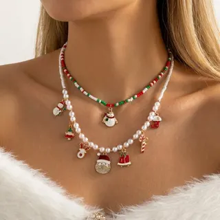 Christmas Necklace Set for Women - Snowman Christmas Tree Candy Cane Charms, Red Green Beaded + Pearl Layered Necklace 2-Piece Set, Holiday Gift, Alloy Enamel