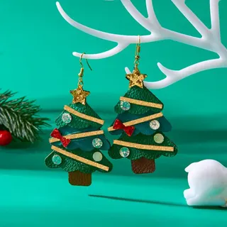 Christmas Tree Dangle Earrings for Women, Rhinestone & Gold Alloy Holiday Drop Earrings with Star Top & Red Bow, Festive Party Statement Earrings 8.5cm