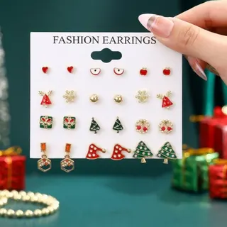 Christmas Earrings Set 20 Pairs, Alloy Enamel Stud Earrings with Snowflake Santa Gingerbread Tree Gift, Cute Holiday Party Jewelry Gift
