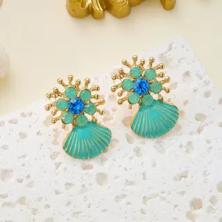 Boho Shell Drop Earrings - Turquoise Enamel & Blue Crystal Gold-Plated Alloy Statement Earrings for Beach Vacation, 3x2cm Pair