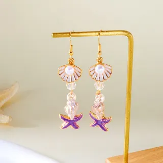 Pink Starfish Shell Earrings - Ocean Vacation Dangle Earrings with Imitation Pearl, 18K Gold Plated Alloy, Sweet Girl Conch & Starfish Drop Earrings 7.5cm