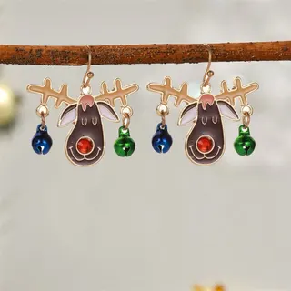 Christmas Reindeer Bell Earrings, 18K Gold Plated Alloy Dangle Earrings with Enamel & Crystal Nose, Cute Holiday Gift for Women