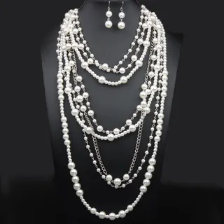 Layered Pearl Necklace & Earrings Set, Silver Alloy Imitation Pearl Multi-Strand Long Chain, Elegant Commute Wedding Accessories, 1 Set
