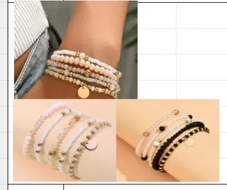 5-Piece Beaded Bracelet Set, French Vintage Layered Charm Bracelets with Alloy & Rhinestone, Pink White Black Beads & Heart Tag, Boho Stacking Bracelets for Women