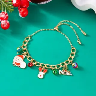 Christmas Charm Bracelet for Women - Snowman, Christmas Tree & Gift Box Dangles, Adjustable 18K Gold Plated Alloy with Crystal Beads, Holiday Party Jewelry Gift 16-32cm