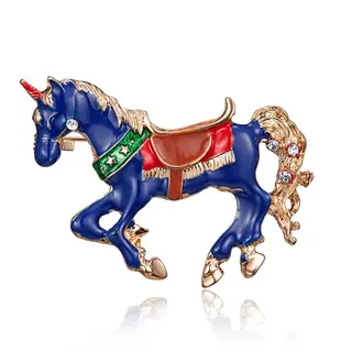 Unicorn Brooch Enamel Painted with Rhinestones, 18K Gold Plated Alloy, Vintage Luxury Animal Pin, Blue Horse Brooch 4x5.3cm