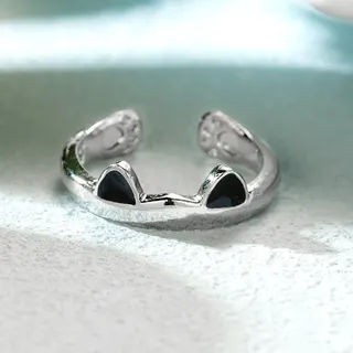 Cute Cat Ear Ring for Women, Adjustable Open Band, White Gold Plated Alloy, 3D Cat Ear Design, Polished Fashion Jewelry