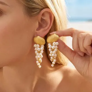 Vintage Shell Pearl Tassel Earrings - Gold Alloy 18K Plated, Boho Beach Statement Dangle Earrings for Women, Wedding & Vacation Jewelry