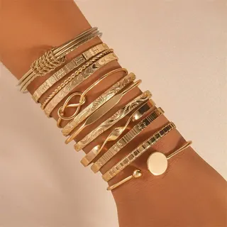 12 Pcs Gold Tone Stacked Bangle Bracelet Set - Geometric Woven Pattern Open Cuff & Bangle Combo, 18K Gold Plated Iron, Boho Vintage Jewelry Gift Set (7.5cm)