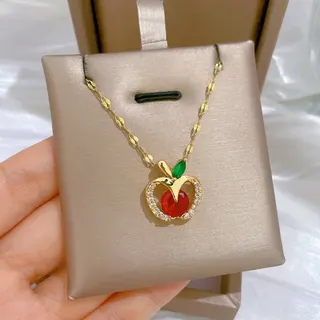Gold Apple Pendant Necklace with Rhinestones, Hollow Cut Clover-Style Collarbone Chain, 18K Gold Plated Copper with Red Stone & Green Leaf, 45+5cm Adjustable, Lucky Gift for Women