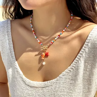 Ocean Blue Ceramic Fish Pendant Necklace for Women - Turquoise Beaded Chain with Pearl Tassel & Gold OT Clasp, 46cm Delicate Clavicle Chain for Summer Vacation