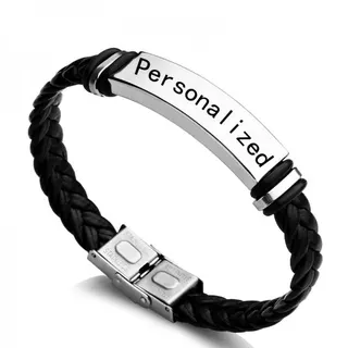 Personalized Leather Braided Bracelet with Engraved Stainless Steel Bar, Unisex Custom Name/Date/Quote Wristband, Hypoallergenic Tarnish-Free, 21.5cm