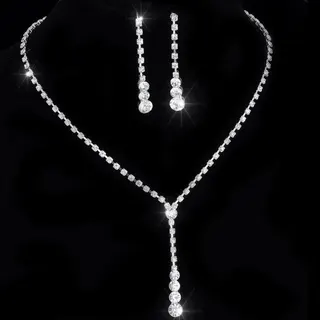 Luxury Rhinestone Jewelry Set - Silver Plated Alloy Y-Necklace with 35+15cm Adjustable Chain & Long Dangle Earrings, Elegant French Style Bridal Party Accessories