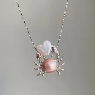 Creative Heart Pearl Crab Necklace for Women, Silver Alloy with Pink Pearl, Cute Ocean Style Pendant Chain 40+5cm Adjustable