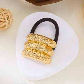 Gold Triple-Layer Hammered Hair Tie - Luxury 18K Gold Plated Alloy Hair Scrunchie, Stretchy Non-Slip Wide Ponytail Holder for Women