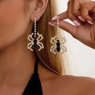 Gothic Spider Earrings for Women, Vintage Halloween Alloy Silver Tone with Rhinestone, Statement Drop Earrings, 1 Pair