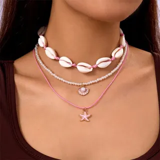 3-Piece Layered Shell & Pearl Necklace Set, Purple Cowrie Shell Beads with Starfish & Shell Pendant, Boho Beach Vacation Choker for Women, Approx 33+5cm