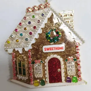 Christmas Gingerbread House Ornament, Alloy 18K Gold Plated with Rhinestones & Glitter, SWEETHOME Tree Hanging Decor, Festive Gift Box Accent, 1pc+